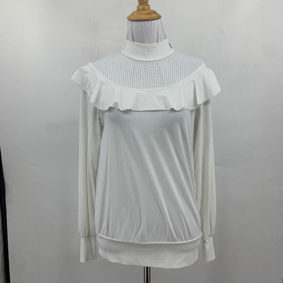 NevermindAll Top Womens XS White Perforated Ruffle High Collar Elizabethan Golf - Picture 2 of 12